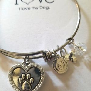 New silver-tone stainless bangle bracelet w heart & dog charms :)